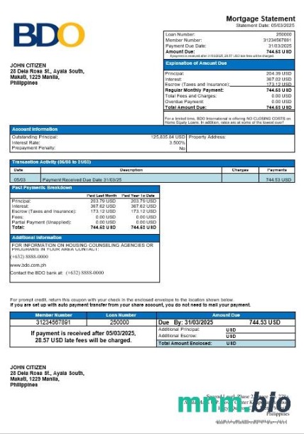 Filipiny BDO wyciąg z kredytu hipotecznego w formatach Word i PDF